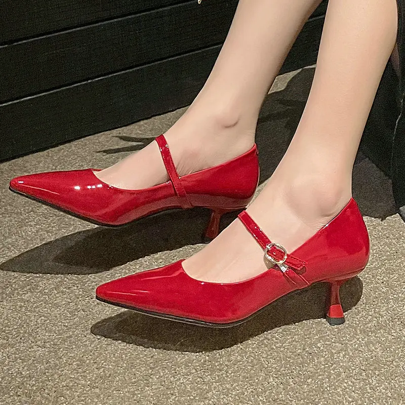 

Genuine Sheep Patent Leather Pointed Toe Sexy Ladies Dress Office Pumps Big Size 45 46 47 Thick High Heeled Mary Janes Stiletto