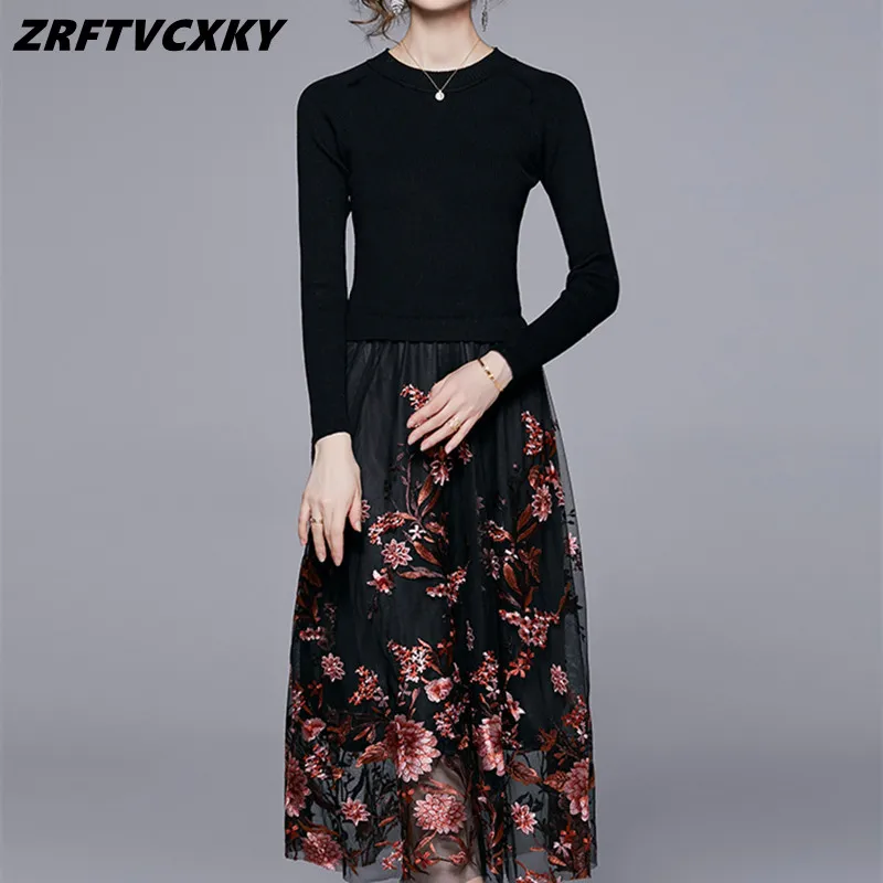 

Spring Fall Women Elegant Long Sleeve Dresses New Luxury Vintage Flower Embroidery Patchwork Knitted Simple Midi Dress