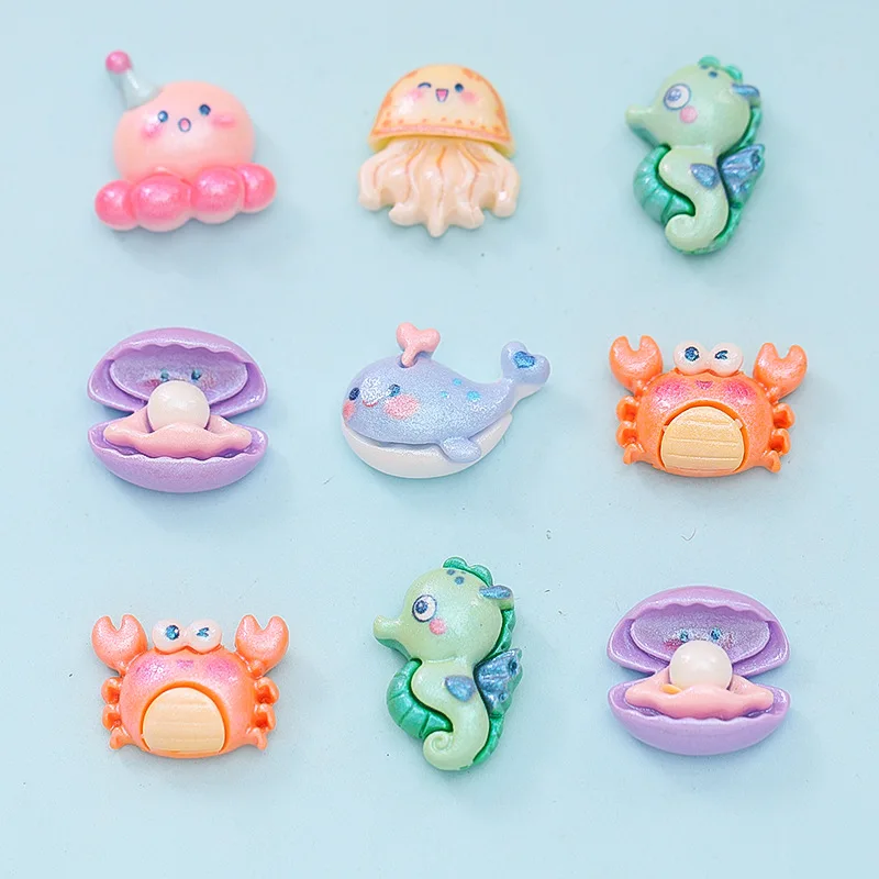 

100pcs Kawaii Cartoon Ocean Series Shell Crab Seahorse Flatback Resin DIY Cabochon Crafts Supplies Phone Shell Decor Material