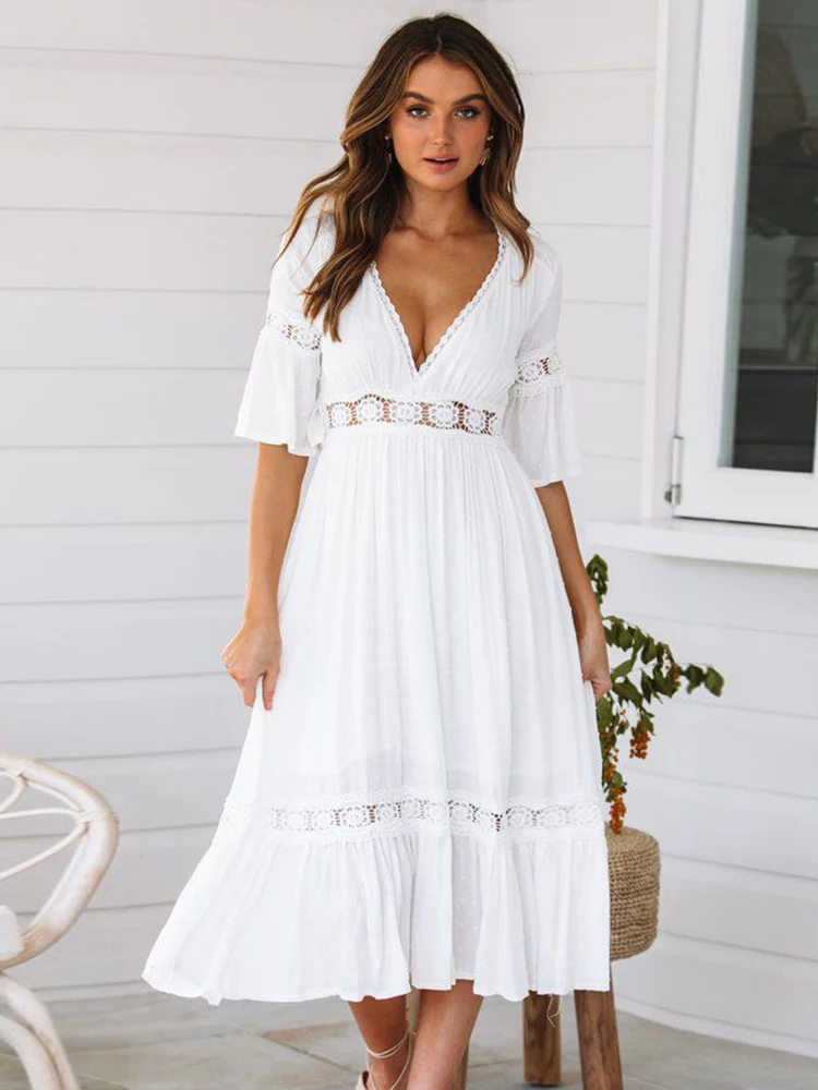 

Summer Casual Long Dress Women Boho Elegant White Dress Short Sleeve Hollow Out Patchwork Dress Fashion V-neck Loose Dress