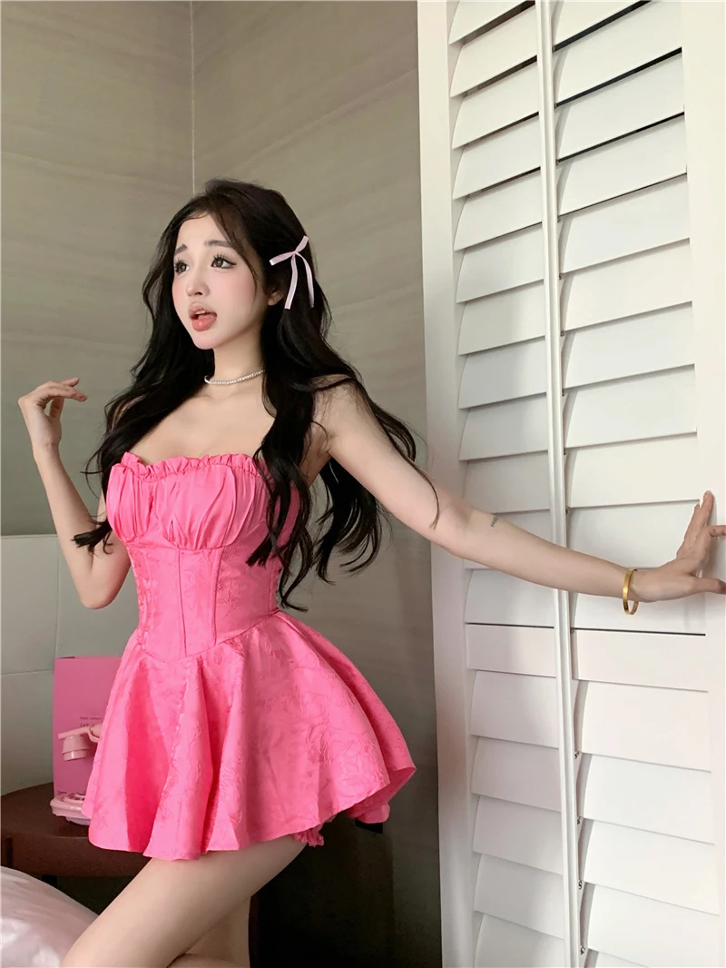 Getspring Women Dress 2023 Spring Summer Strapless Crystal Lace Jacquard  Sexy Dress Backless High Waist Mini Dresses New Arrival