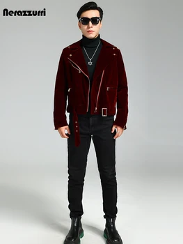 Nerazzurri Spring Autumn Cool Handsome Short Burgundy Black Velvet Moto & Biker Jacket Men Long Sleeve Luxury Designer Clothing