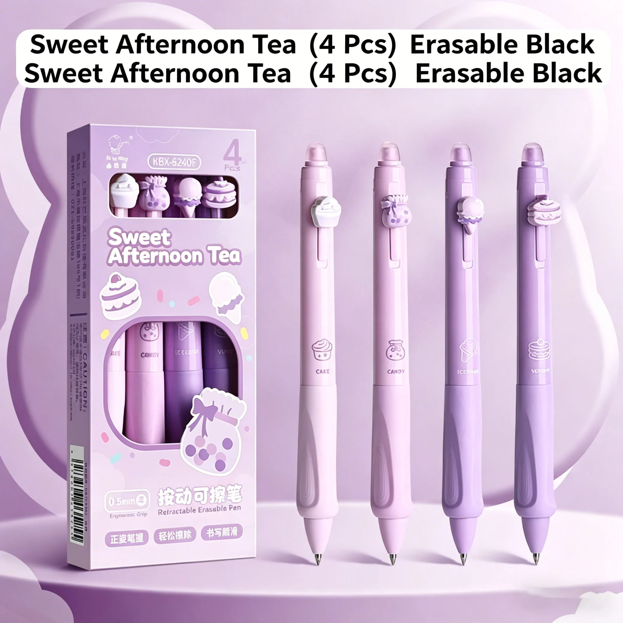 Penne Gel Cancellabili Sweet Afternoon Tea, 4 Pezzi, Viola, Carine, a Scatto, 0.5mm, Impugnatura Ergonomica, Inchiostro Nero, per Studenti - immagine 2