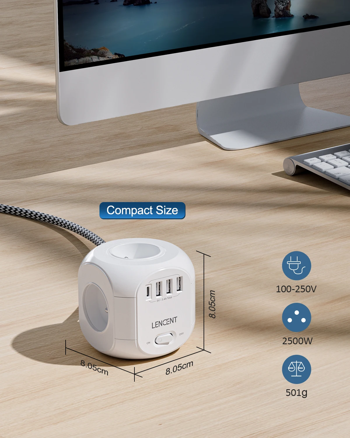 LENCENT FR Flat Plug Power Strip Cube with  4 AC Outlets 3 USB Port 1 Type C 2M Braided Cable Multi Socket with Switch for Home