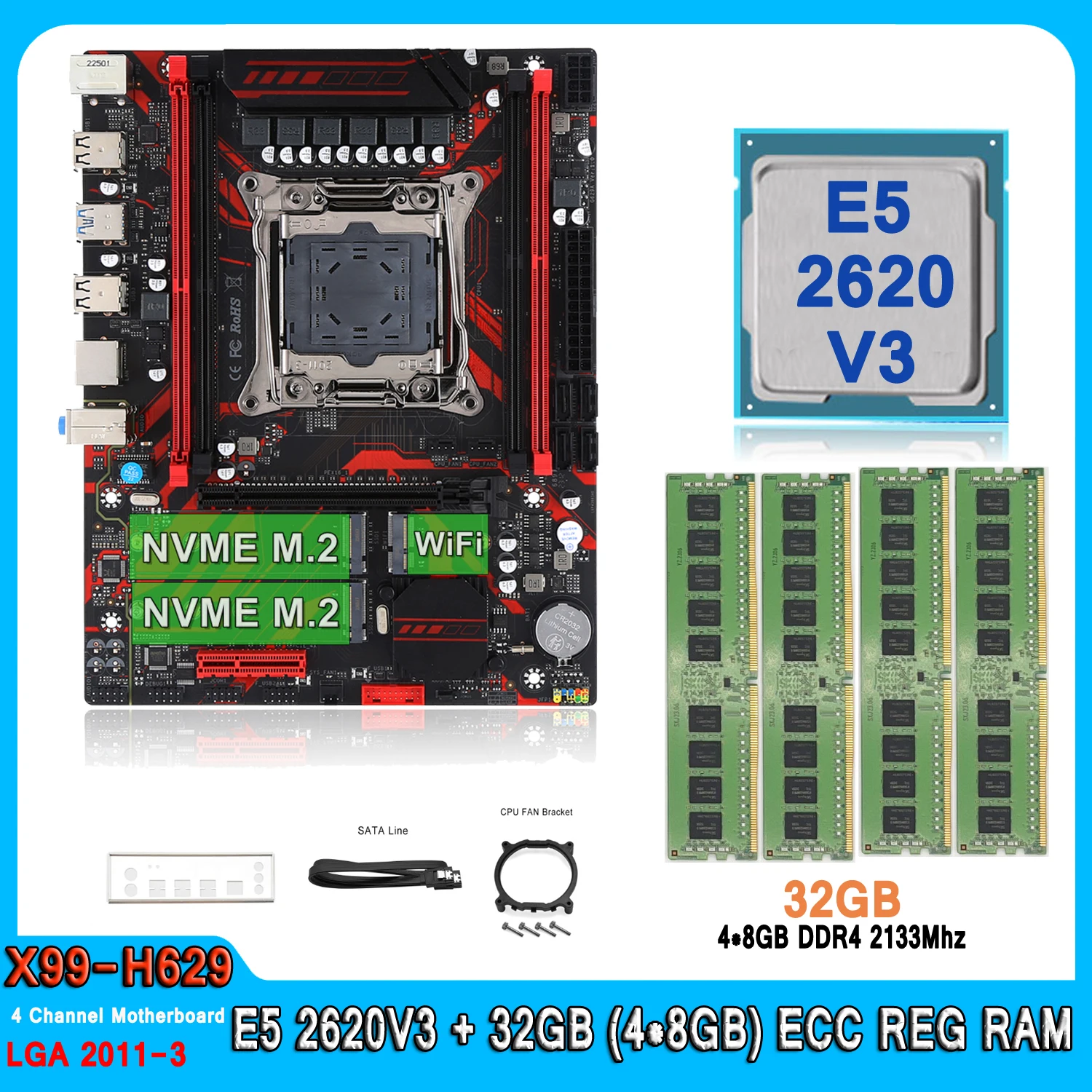 Комплект материнской платы X99, комплект материнской платы XEON LGA 2011-3 E5 2620 V3 с 32 Гб (4*8 ГБ) DDR4 REG RAM, комбинированный четырехканальный комплект материнской платы E5 2620V3