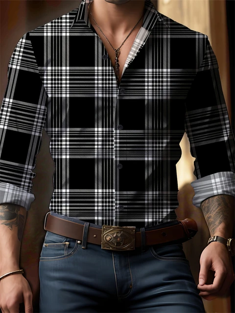 Men's New Spring And Autumn Button Down Shirt Check Print Long Sleeve Luxury Shirt Flip Lapel Oversized Outdoor Street Shot Tops 2