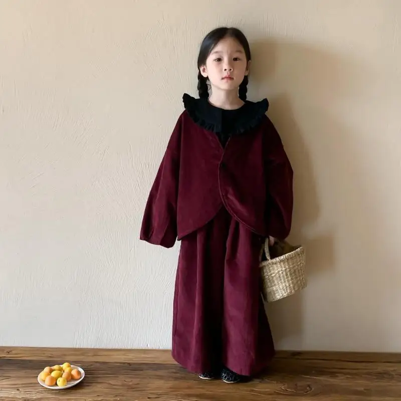 

2023 Autumn New Children Long Sleeve Clothes Set Baby Girls Solid Cardigan Jacket + Casual Pants 2pcs Suit Kids Corduroy Outfits