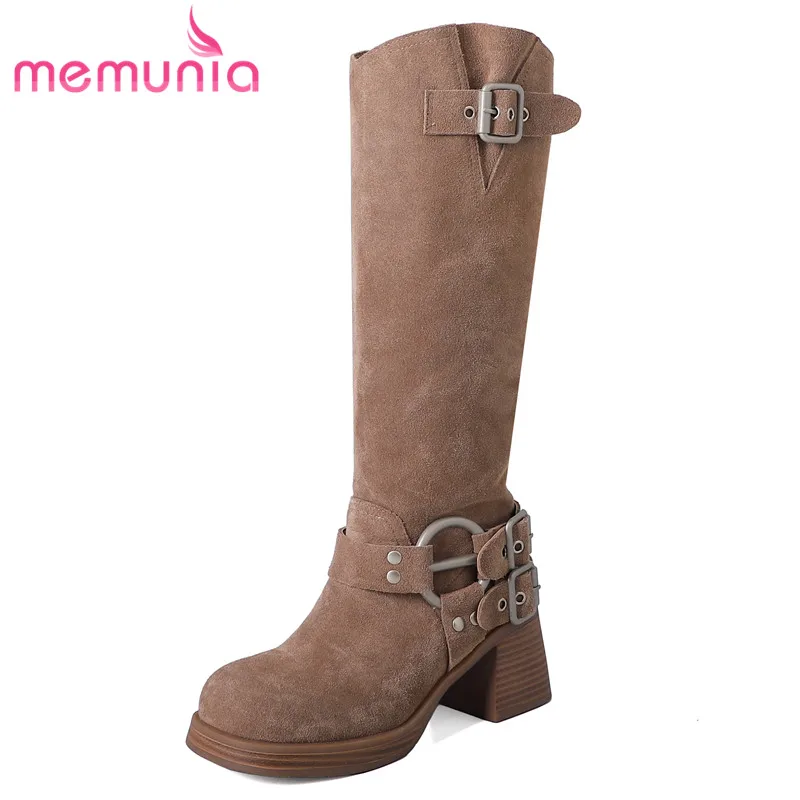 

MEMUNIA 2023 New Cow Suede Leather Buckle Autumn Western Boots Square High Heels Pleated Shoes Ladies Platform Knee High Boots