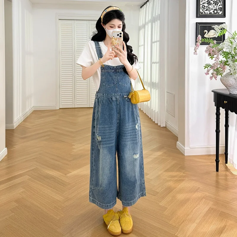 봄 여름 신상 루즈핏 데님 나인 포인트 빕 오버올 화이트 반팔 상의 세트 임산부 한국 스타일 코튼 이너
