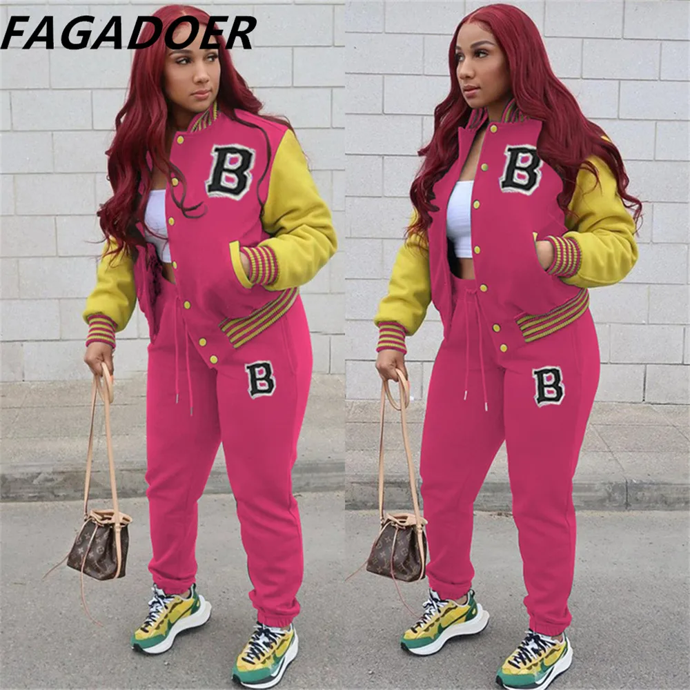 

FAGADOER Fall Winter Baseball Uniform Two Piece Sets Women Letter Print Patchwork Coat + Jogger Pants Tracksuits Causal Outfits