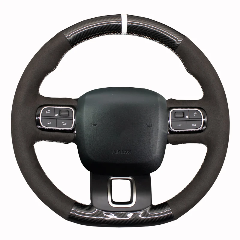 

Black Carbon Fiber Suede Handsewing Car Steering Wheel Cover For Citroen C3 2016-2022 C5 Aircross 2018-2022 Berlingo 2018-2022