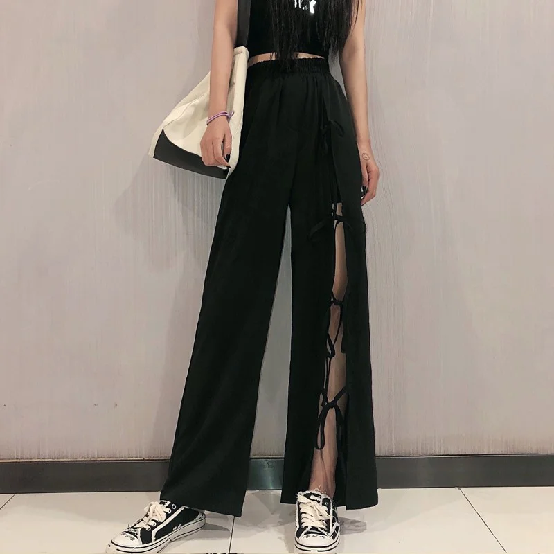 Women Wide Leg Pants Tying Bows Straight Pants Loose High Waist Trousers Black Loose Leisure Female Streetwear карго женские черные женские кроссовки nike dunk high se sail dz4732 133