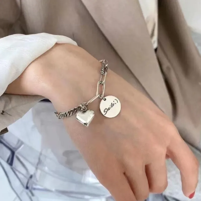 Thai Silver Round Love Heart Pendant Bracelets for Men Women Lady Street Hip Hop Thick Charm Chain Party Jewelry Couple Gift