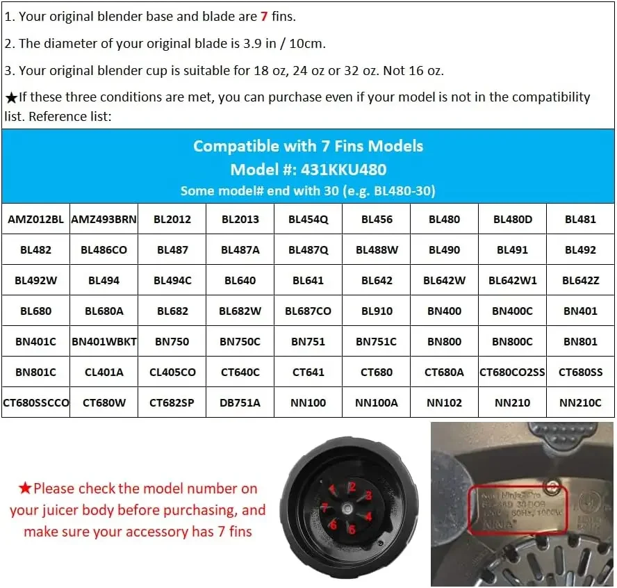 7 Fins Blade for Ninja Blender Auto iQ BL450-30 BL642-30 BL482-30 BL682-30 Bl456 with Silicone Rubber Gaskets Seal Ring Part Blender Blade
