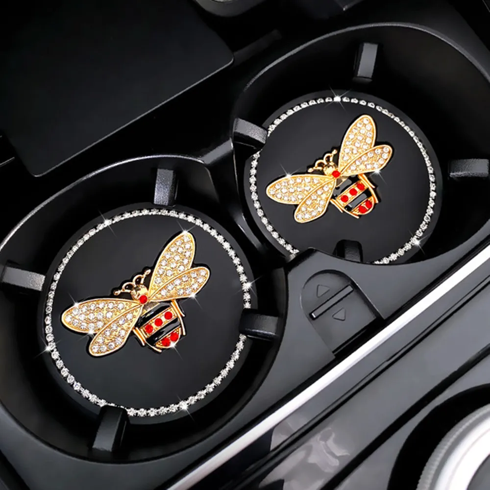 

2Pcs Coaster Non-slip Car Water Cup Pad Diamond Rhinestone Rubber Mat Bee Coaster Auto Interior Anti-skid Cup Holders 7cm