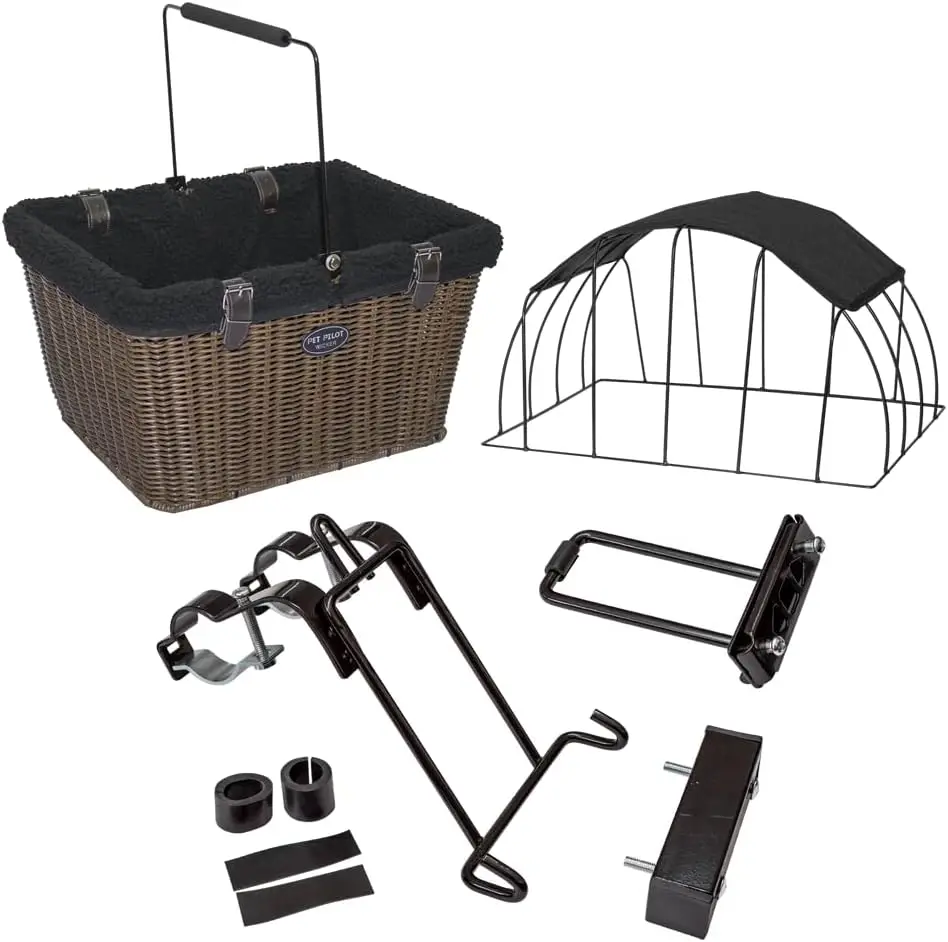 Wicker Bike Basket for Dogs/Cats - Includes Wire Cage Top w/Sun Shade + Plush Removable Padded Liner