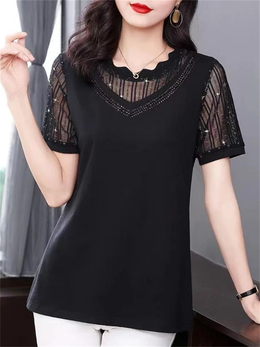 

5XL Women Spring Summer Blouses Shirts Lady Fashion Casual Short Sleeve O-Neck Collar Sexy Lace Embroidery Blusas Tops TT2414