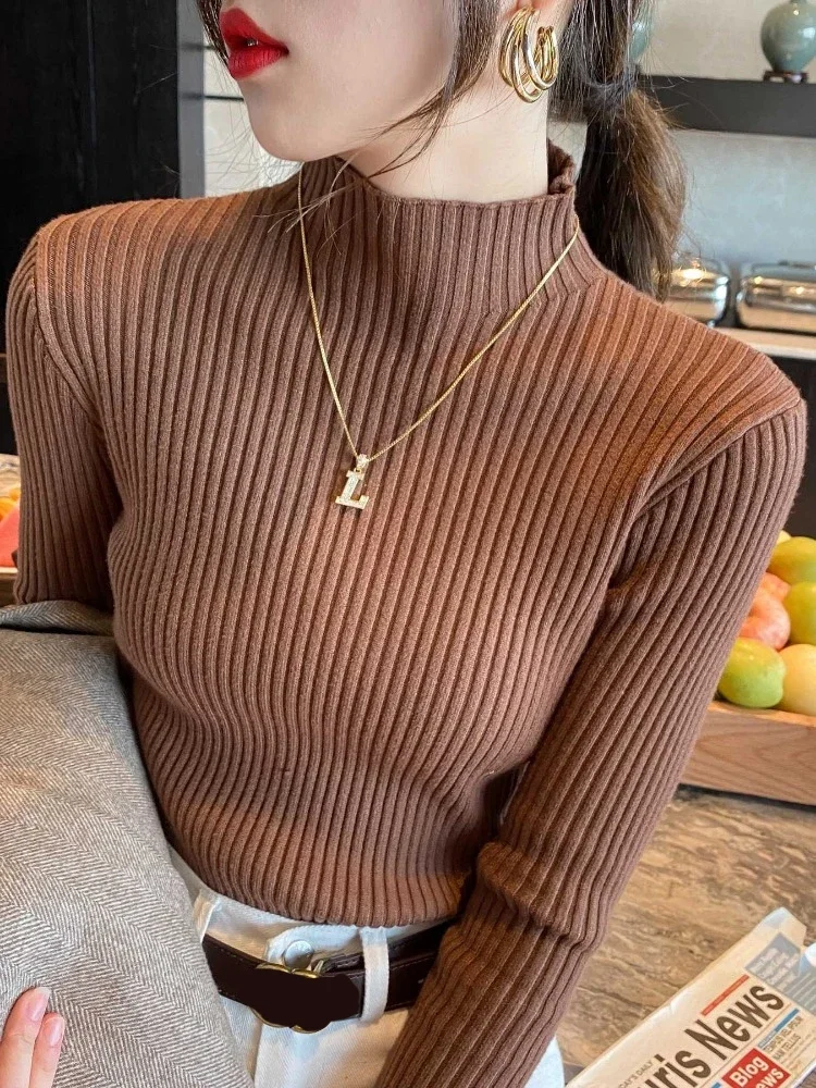 Autumn and Winter New Women's Semi-turtleneck Long-sleeved Sweater Solid Color Elegant Knitwear Thin Bottoming Shirt