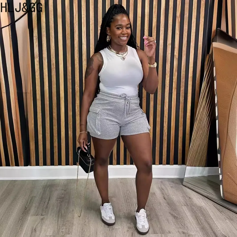 HLJ&GG Summer Solid Color Pocket Sporty Shorts Women Elastic Waist Drawstring Jogger Shorts Casual Female Fitness Bottoms 2024