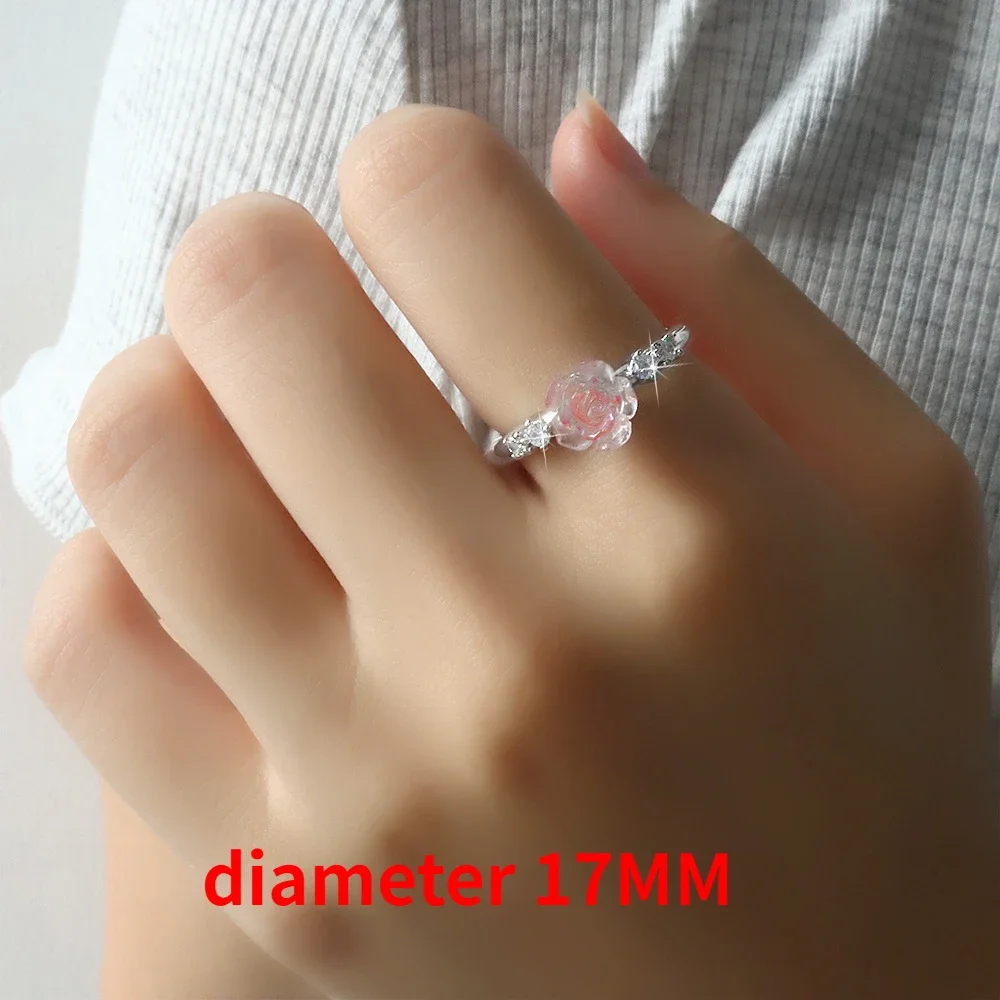 PONYKISS 925 Sterling Silver Pink Zircon Rose Flower Adjustable Rings for Women Cute Plant Fine Jewelry Minimalist Accessories