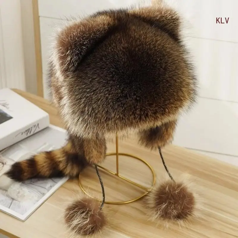 

Plush Hat for Adult Children Teens Outdoor Commute Windproof Raccoon Tail Hat Russian Winter Keep Warm Hat