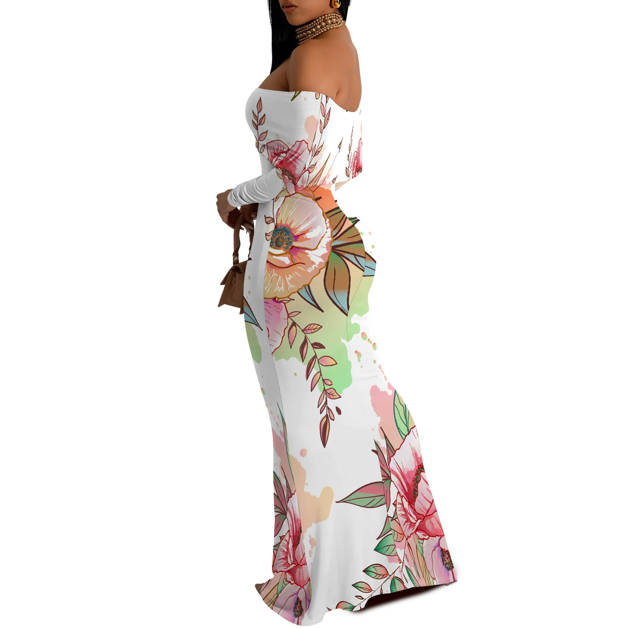 Enges, hüftumwickeltes, geometrisches, schulterfreies, kurzärmliges Damenkleid mit Rüschen, lebendiges, kulturelles Party-Casual-Maxikleid – Detail 6