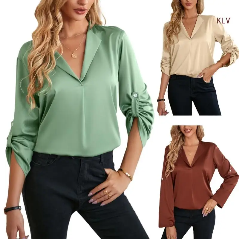 

Womens Work Satins Blouses Casual Tops Long Sleeve Caual Shirts Solid Color Loose Fit V-neck Shirt Camisole