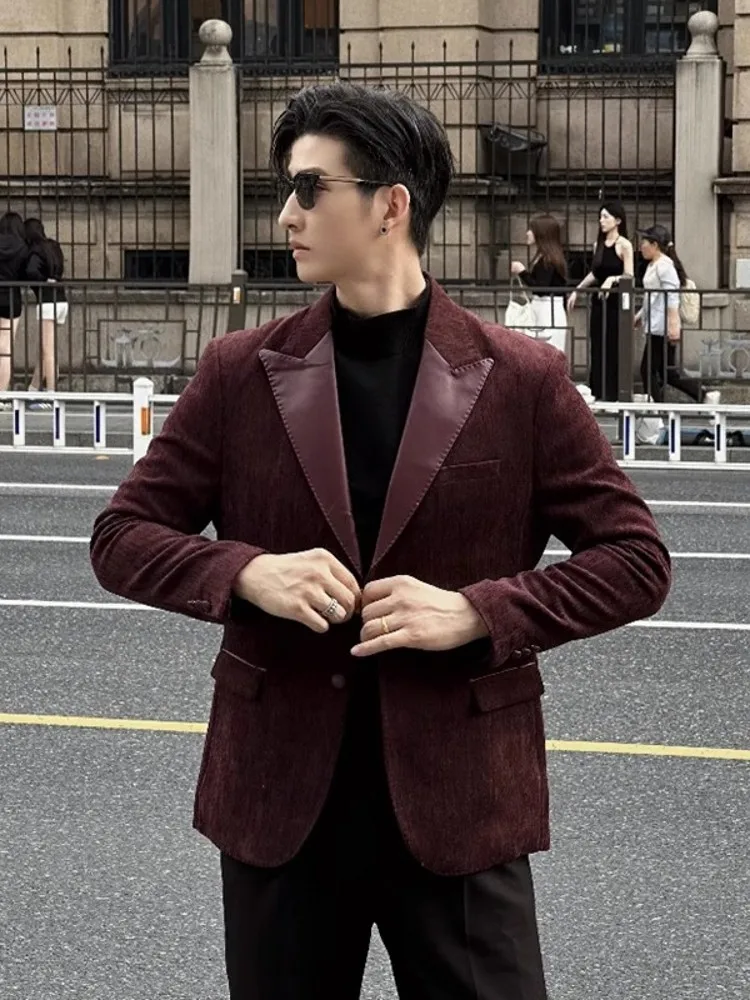 Fashion Mens Autumn Party Slim Fit Blazer Jacket Pu Leather Spliced Collar Business Casual Work Suit Coat Single Breasted Blazer