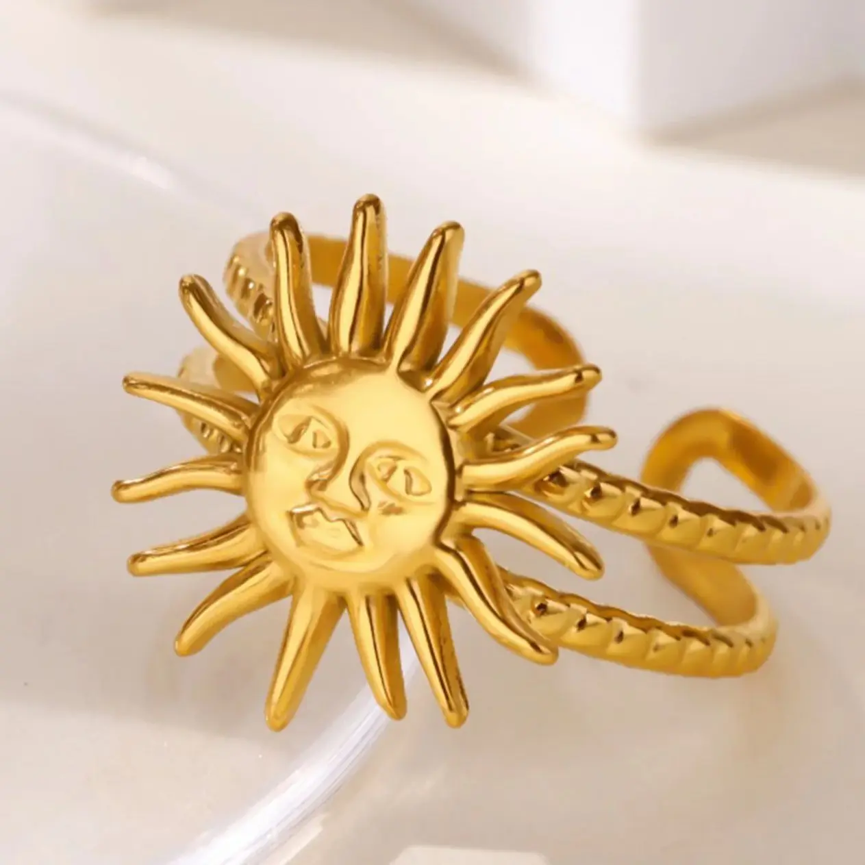 Geometric Sun Rings For Women Gold Color Stainless Steel Adjustable Ring