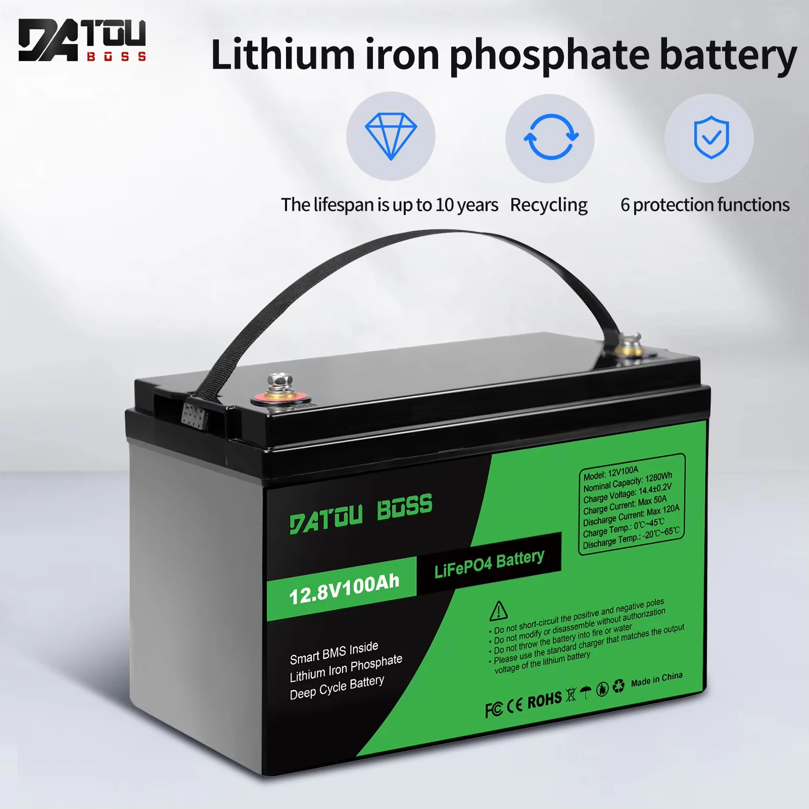DATOUBOSS 12V100Ah LiFePO4 Battery Rechargeable BMS 12V 100Ah For Solar System RV Outdoor Travel Home U.S. Warehouse