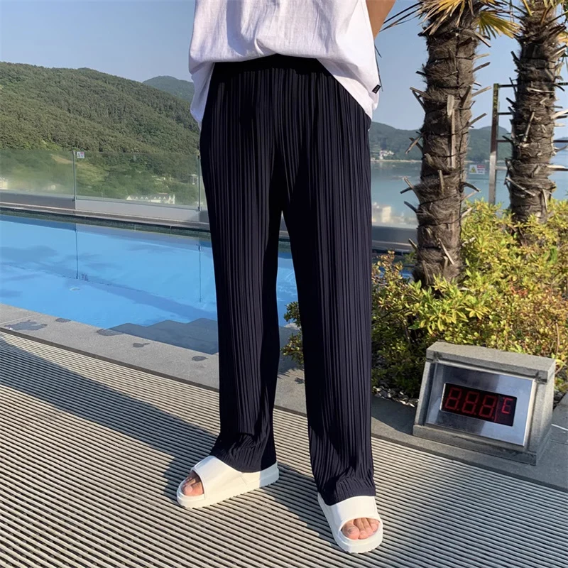남성용 데일리 레저 플리츠 아이스 실크 바지, 통기성 루즈한 스트레이트 팬츠, 스트리트웨어, 세련된 단색 바지, 여름