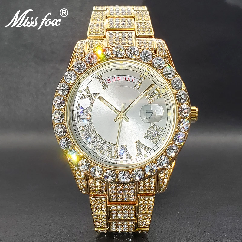 

Gold Watch For Men Iced Out Hip Hop Stylish Adjust Date Day Quartz Watches For Male Female Party Dress Accessories Dropshipping