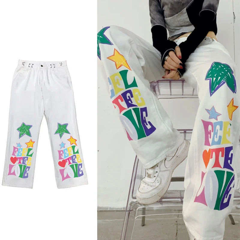

Printed cartoon letter mopping pants high waist four seasons men jeans hiphop street loose casual straight wide leg trousers