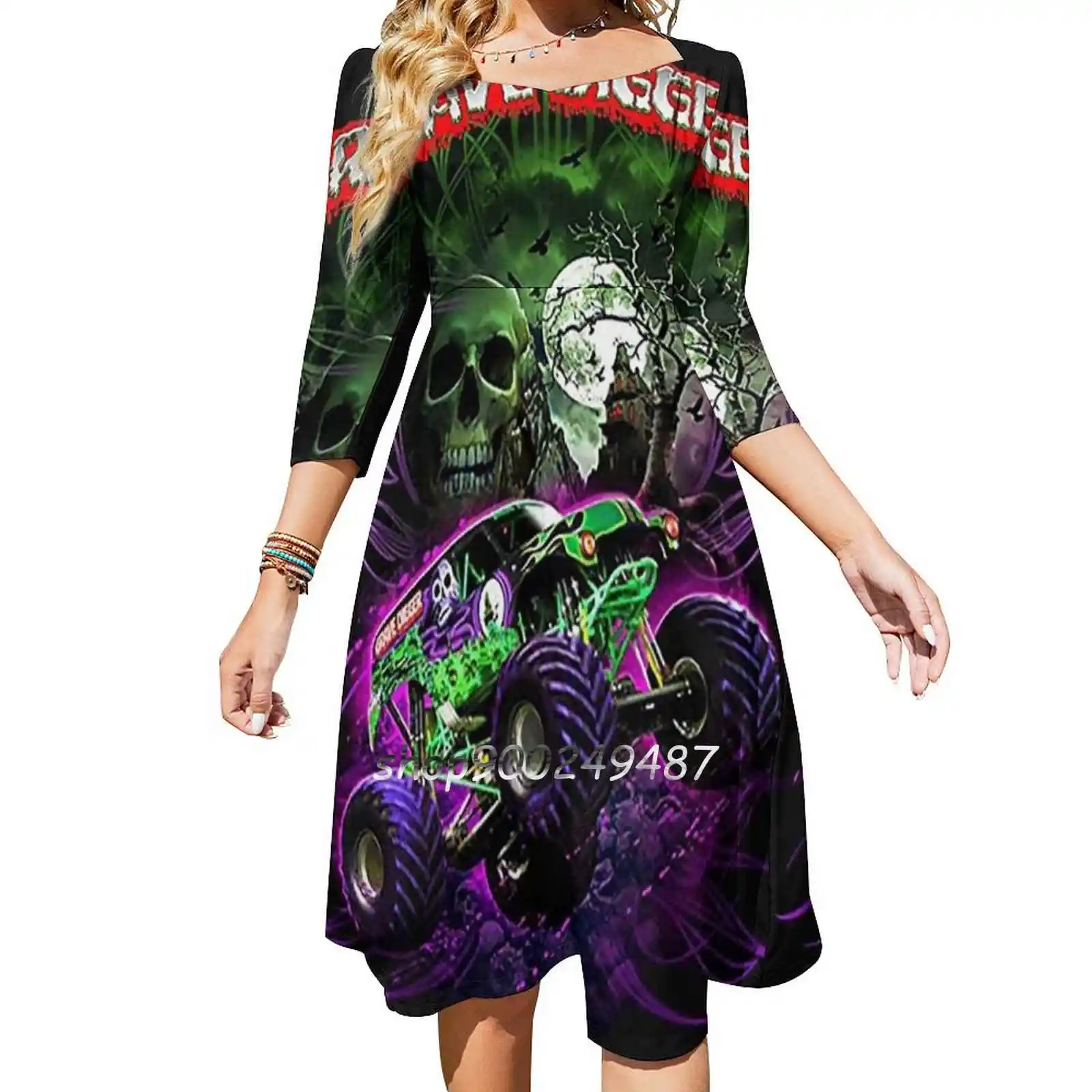 Grave Digger Monster Jam Monster Truck Sweet Elegant Dress Women Coreano Kawaii Square Collar Dress Grave Digger Monster Jam
