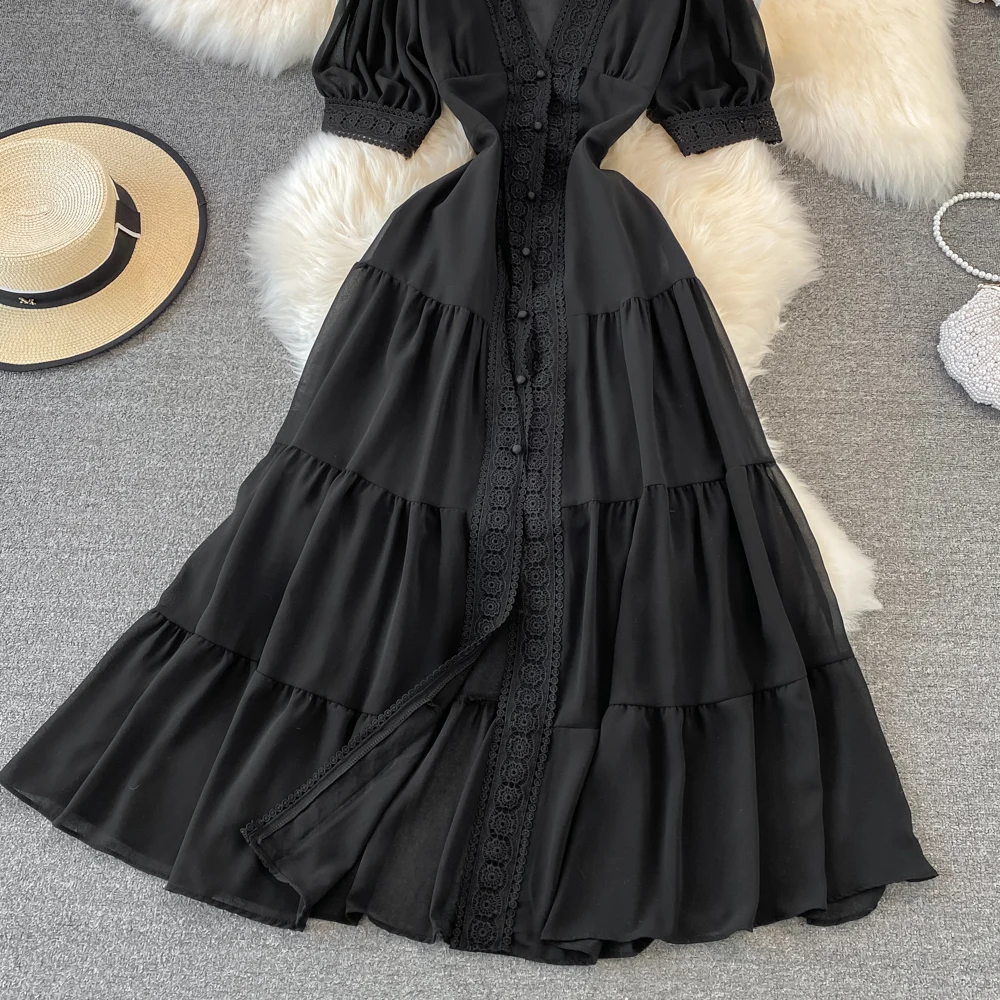 New Women Vintage Party Dress Summer Puff Sleeve Sexy V Neck Lace Single-breasted Long Dresses Ladies A Line Elegant Long Robe