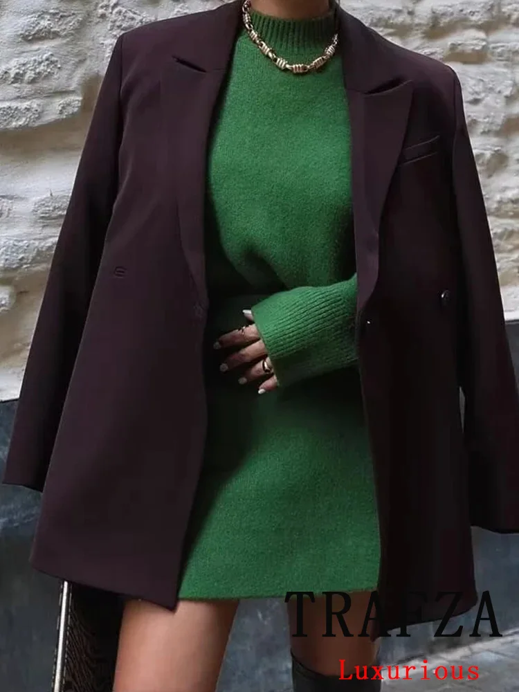 

Винтажный шикарный зеленый Однотонный женский костюм TRAFZA, свитер с круглым вырезом и длинным рукавом, облегающая мини-юбка, новый модный весенний комплект 2024