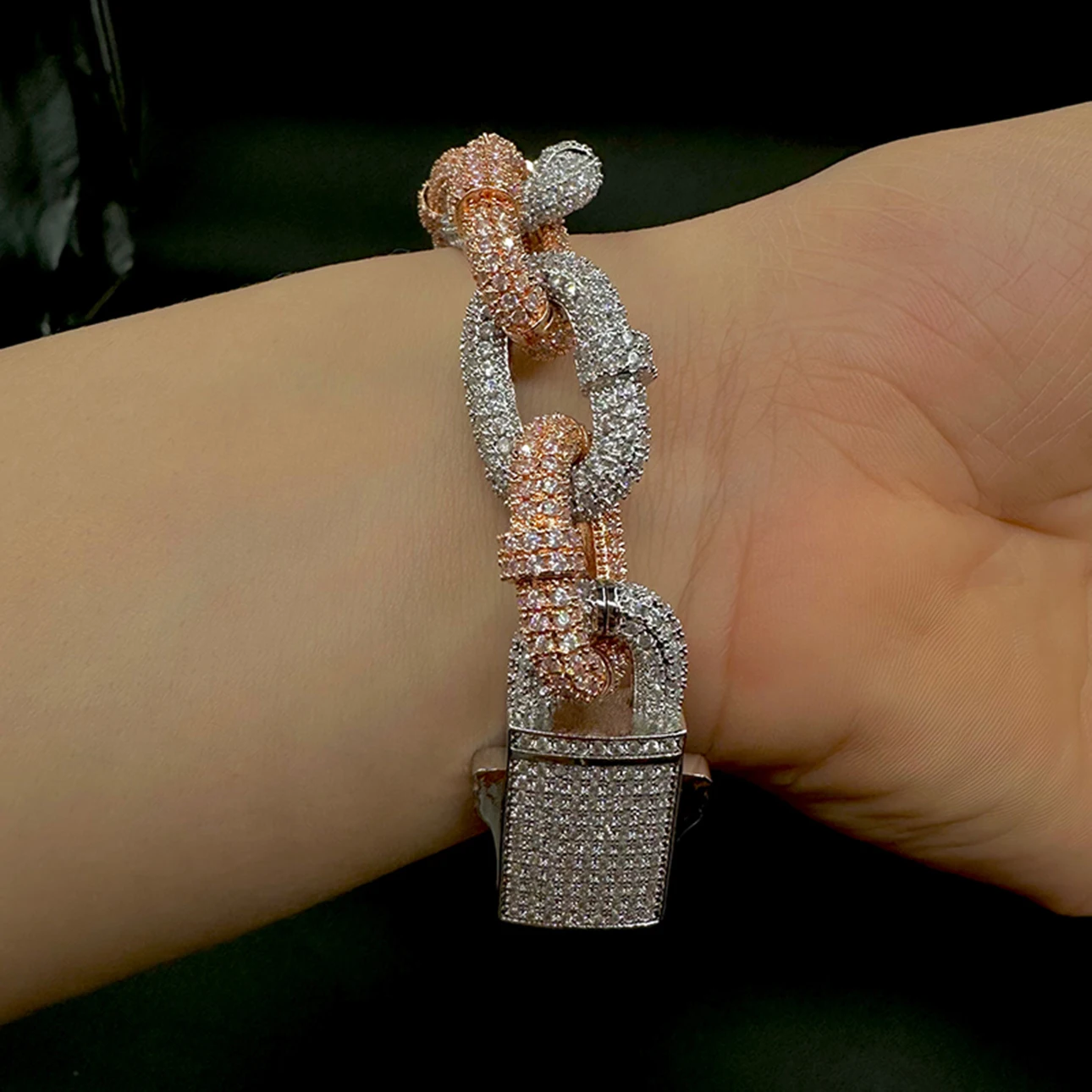 Aokaishen Bracelet for Men Box Cuban Link Charms Cubic Zircon Gold Plated Hip Hop Jewelry Spring Clasp