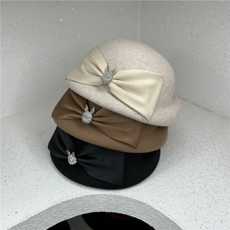 

202311-dudu ins chic winter france formal grace bowknot Rhinestone rabbit wool felt lady beret cap women Leisure painter hat