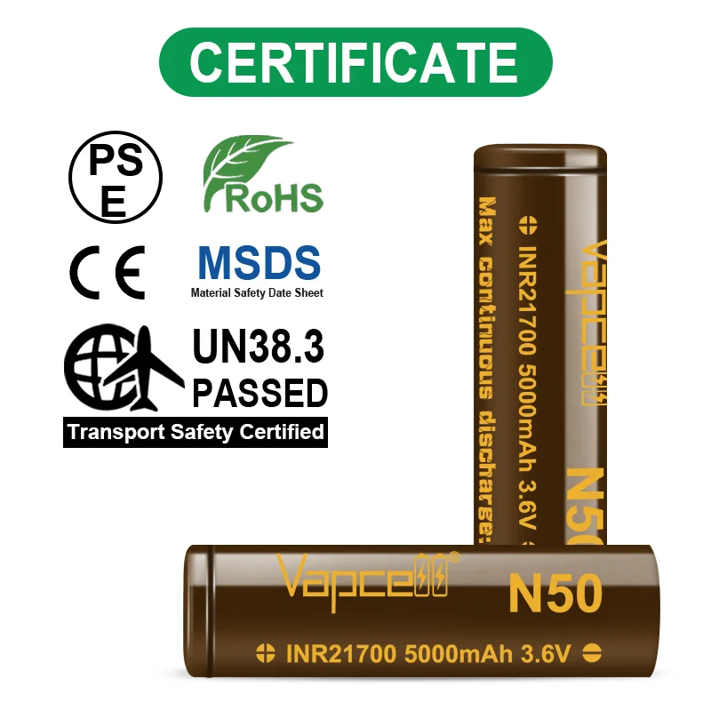 오리지널 고성능 Vapcell N50 INR 21700 5000mAh CDR 15A 3.6V 충전식 배터리 저저항 셀 (손전등용)