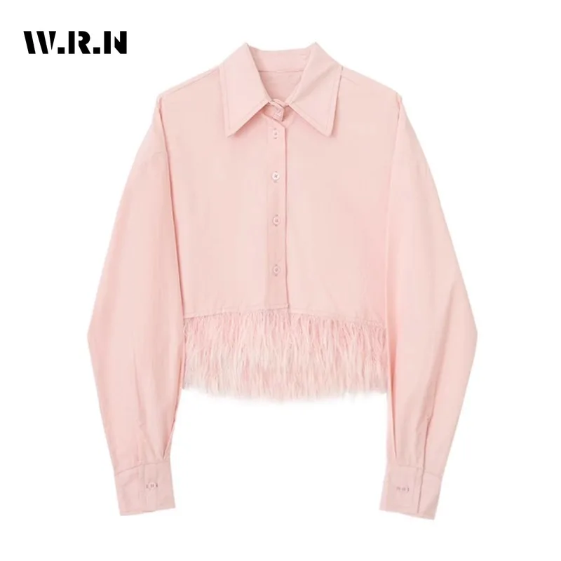 

Женская однобортная рубашка с отложным воротником, розовая однотонная Повседневная Блузка с кисточками, осень 2023