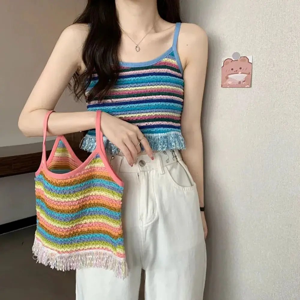 

Colored Stripes Crop Tops Exquisite Rainbow Tassel Crochet Sleeveless Top Sleeveless Knitted Camisoles