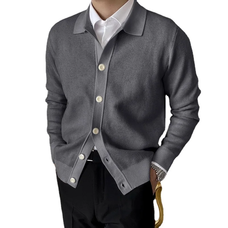 2023 Spring Autumn New Cotton Knitted Cardigan Slim Long Sleeve Button Korean Men's Fashion Lapel Sweater Simple Casual Coat 6