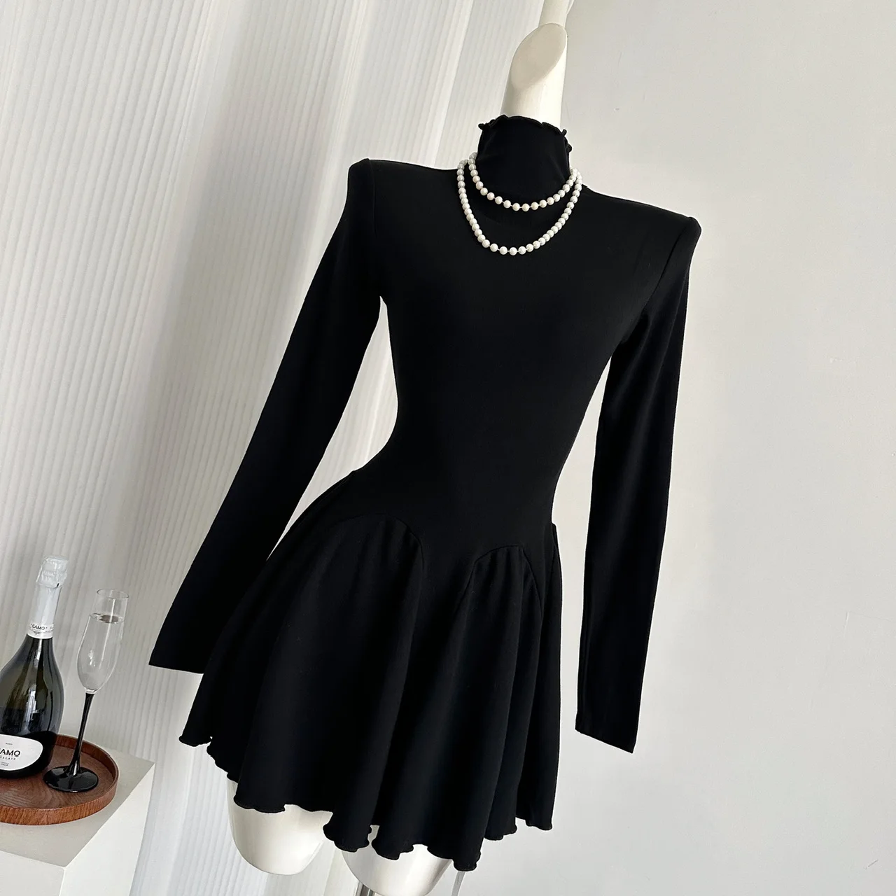 Otoño Nuevos Vestidos Mini Sólidos Para Mujer Cuello Alto Manga Larga Volantes Acampanados Casual Moda Coreana Ropa Femenina Vestidos Para Mujer