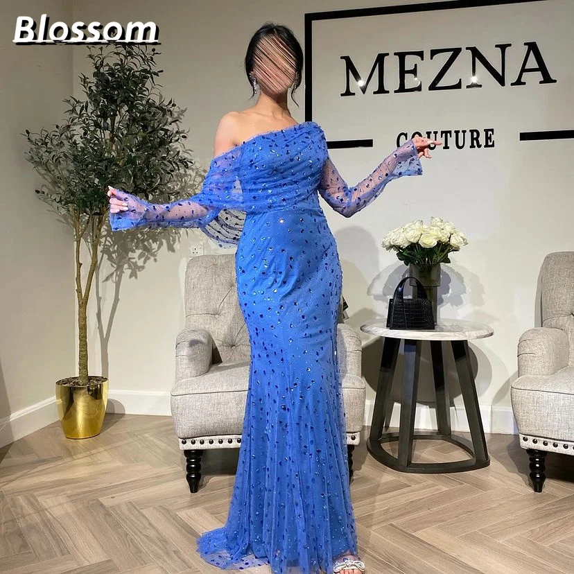 

Blue Off Shoulder Long Sleeves Prom Dresses Shiny Decoration Mermaid Side Split Evening Dresses 2024 Arabia Formal Party Gown