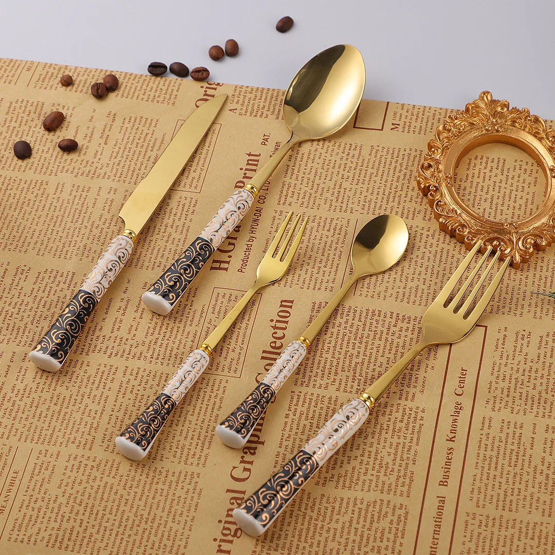 

20Pcs Ceramic Handle Black White Gold Pattern Cutlery Set Kitchen Dinnerware Stainless Steel Knife Fork Spoon Set Tableware