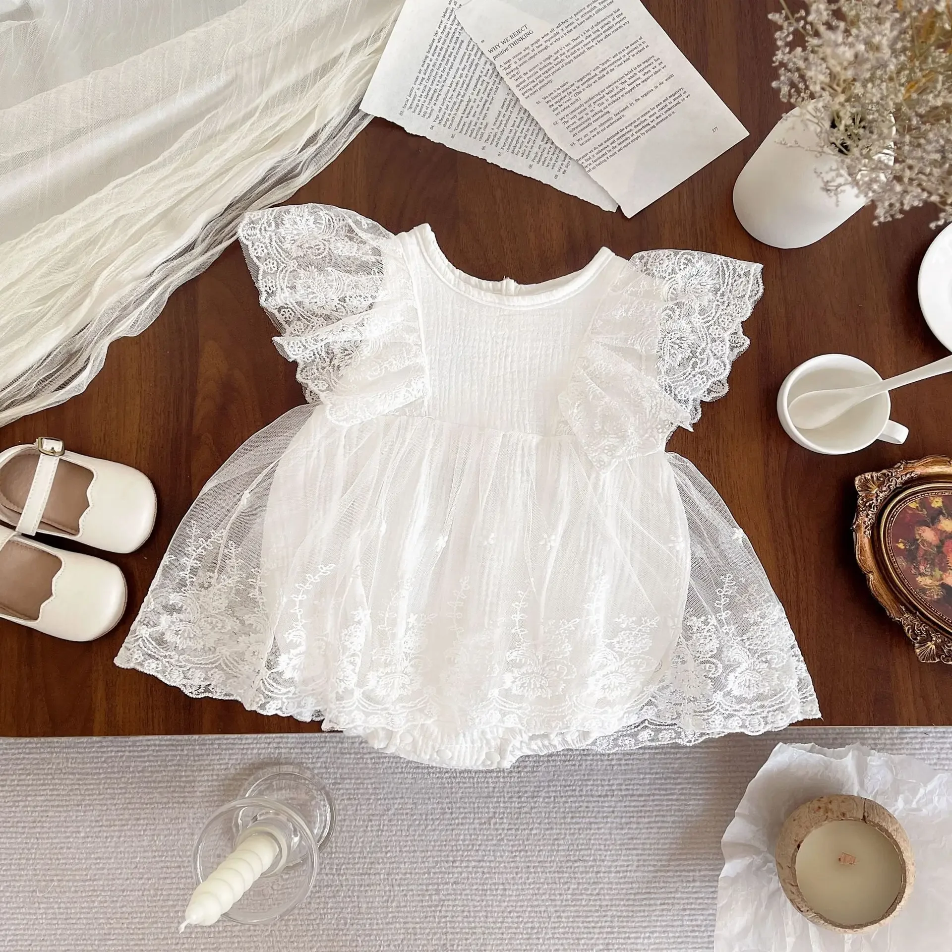 Sweet Baby Girl Summer Dress Sleeveless Lace Triangle Mesh Skirt Newborn Flower Trim Bottom Covering Clothes Baby Romper