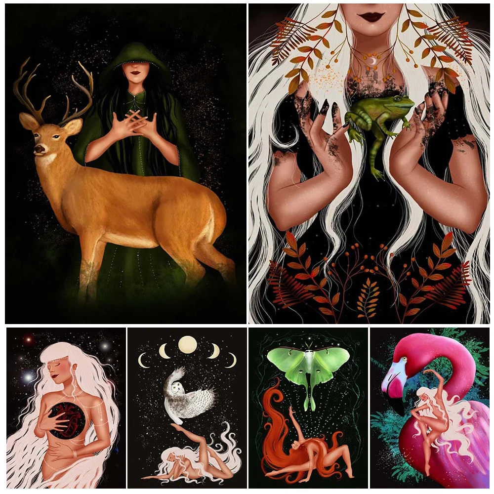 Moon Moth,Phoenix,Snake,Panther With Seductive Long-Haired Witch Wall Art Canvas Print Nature Witchcraft Art Poster Print Decor