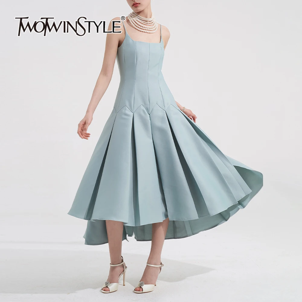 

TWOTWINSTYLE Solid Elegant Spliced Pleated Dress For Women Square Collar Sleeveless High Waist Tunic Dresses Female KDR507278