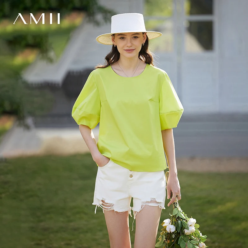 Amii Women's Blouse 2026 Summer Round Neck Solid Color Stretch Cotton Shirt Elegant Loose Lantern Sleeve Top For Women 12612021