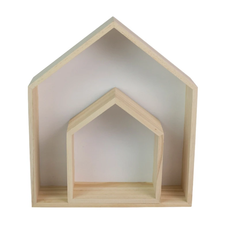 

2x Nordic Shelf Wooden House-Shaped Decoration Floating Wall Storage Shelf